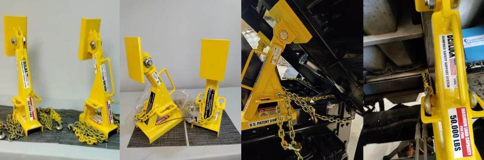 A collage of the varying models of the BedLock dump truck bed safety device system