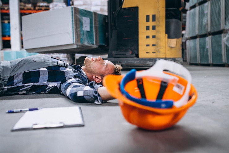 A worker lying on the repair shop floor after an accident caused by a lack of dump truck safety standards