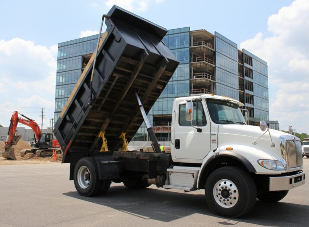 Truck bed locks supporting a raised dump truck.