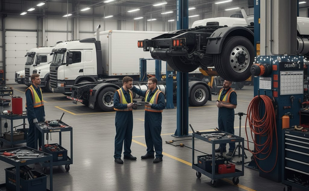 A clean, well-lit repair shop with multiple trucks being serviced.