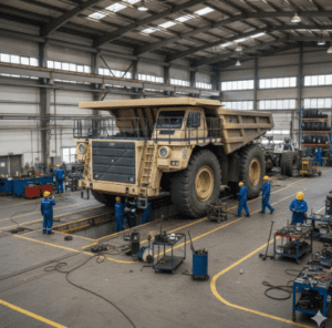 A dump truck being repaired at a workshop.