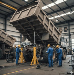 A dump truck bed raised in a workshop while technicians work on its repair.