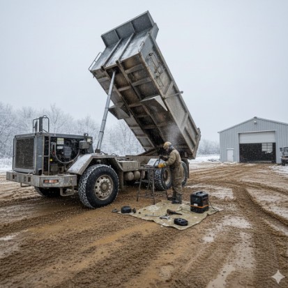A dump truck bed raised outside a workshop while a technician is working on it.
