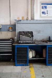 Organized repair shop with tools and safety equipment arranged for technicians