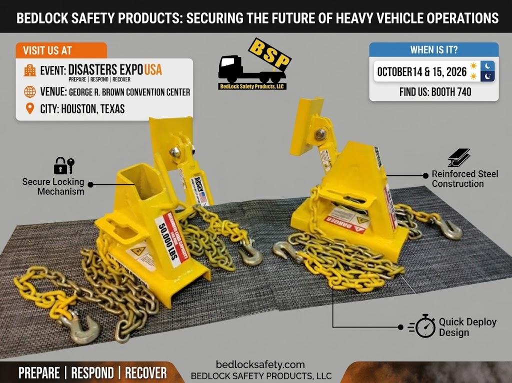 An infographic for BedLock Safety Products at Disasters Expo USA, showing event details for Houston 2026, features, and the central locking mechanism, set against a plain background.