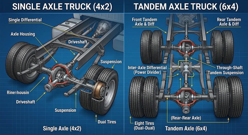 Side-by-side technical diagram illustrating a single axle 4x2 truck differential setup on the left versus a tandem axle 6x4 truck layout with an inter-axle power divider on the right.